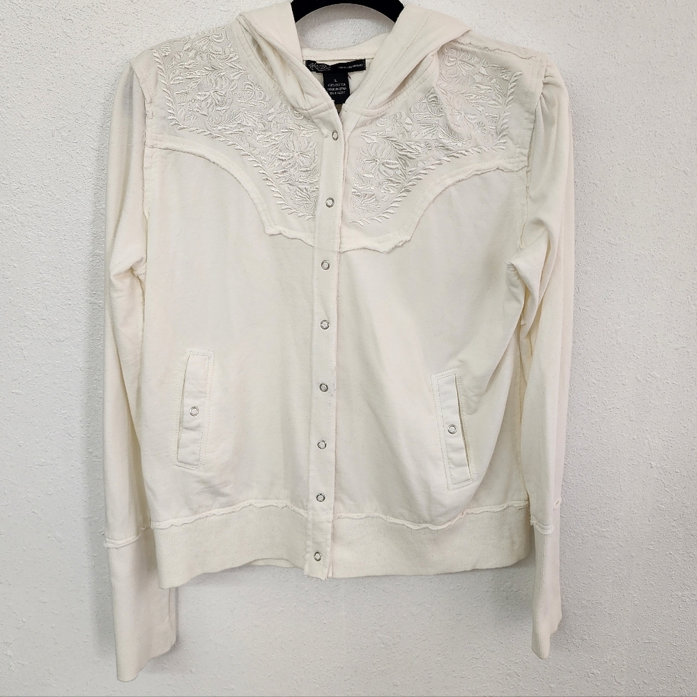 Hale Bob Embroidered White Cotton Button Down Hooded Jacket Sz Large